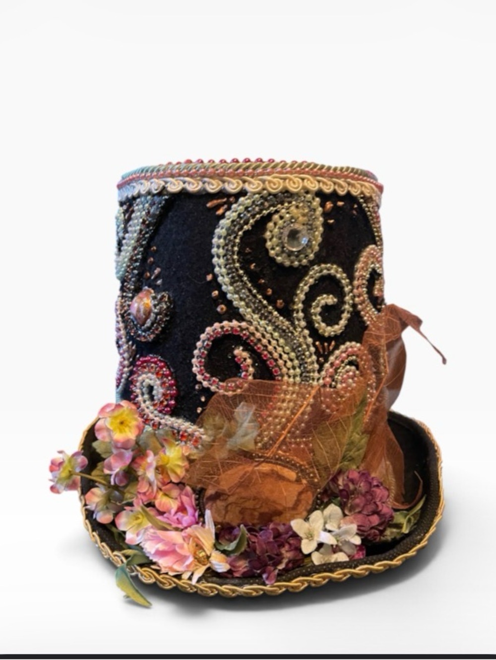 Handmade Beaded Embellished Black Floral Steampunk Top Hat
